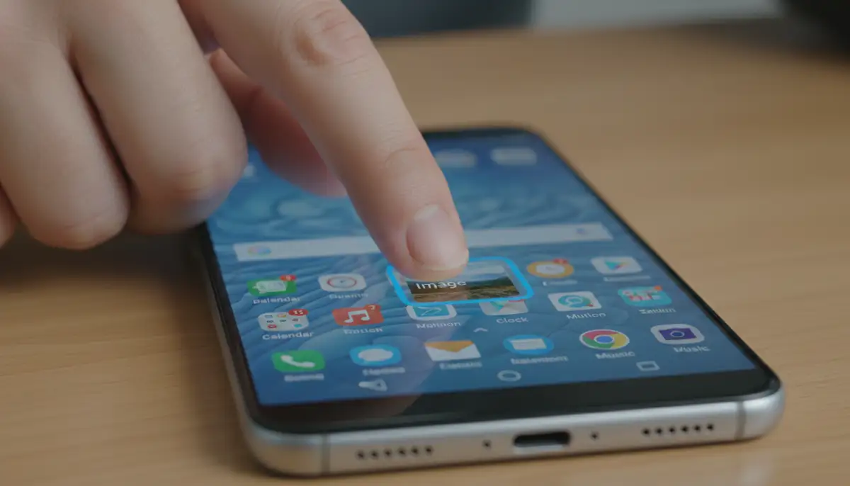 A user's hand interacting with an Android phone, dragging and dropping an image widget onto the home screen, showing the widget selection menu., high-quality photography, professional lighting, sharp focus, realistic, detailed
