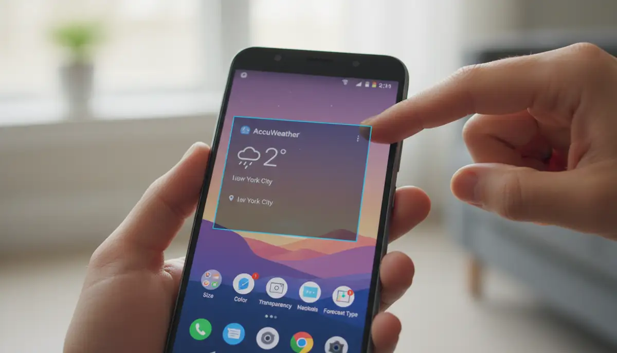 A user's hand interacting with an Android phone, dragging and resizing an AccuWeather widget on the home screen, showing different customization options., high-quality photography, professional lighting, sharp focus, realistic, detailed
