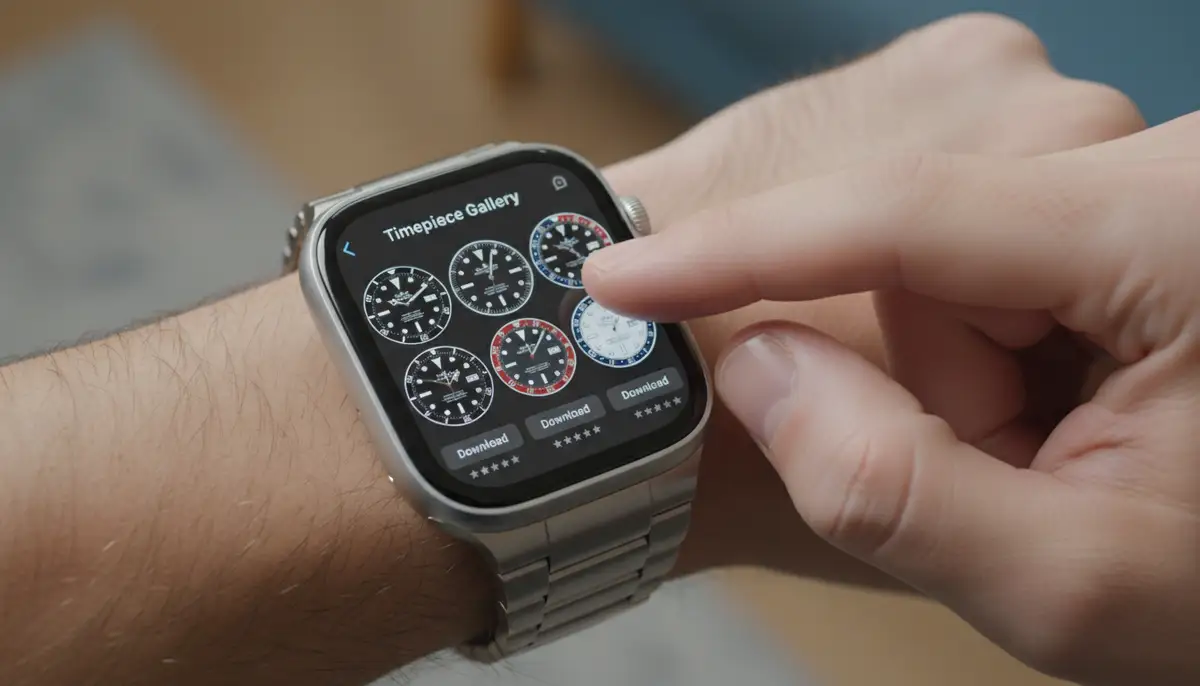 A user's hand interacting with an Apple Watch, navigating through a watch face gallery app, showcasing various Rolex-inspired designs available for download, with a clean UI., high-quality photography, professional lighting, sharp focus, realistic, detailed