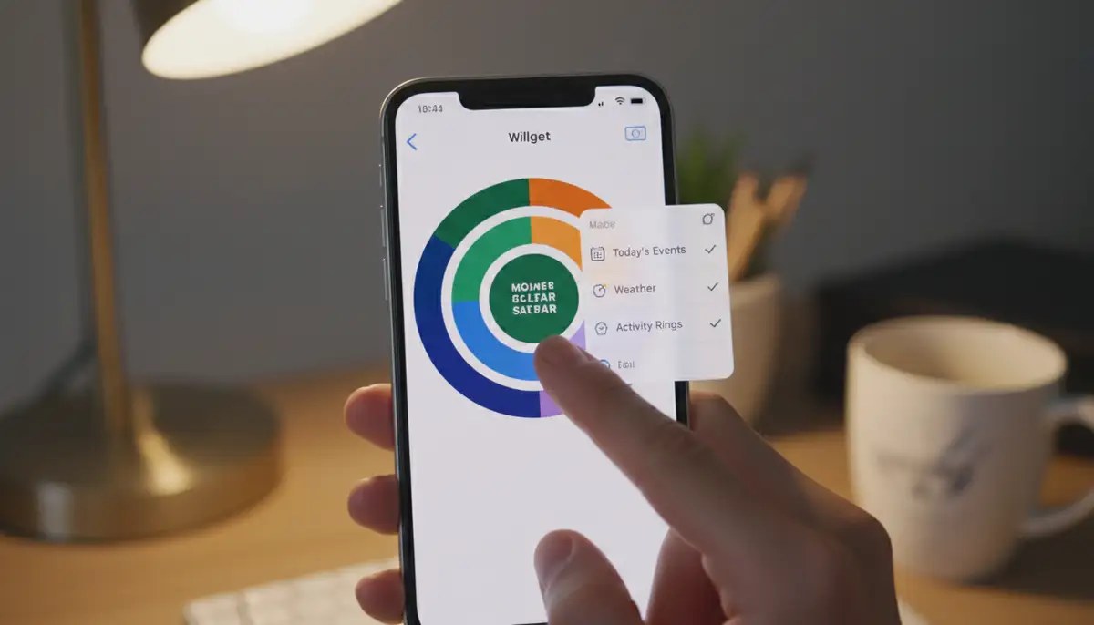 A user's hand interacting with an iPhone home screen, customizing a widget with various options and colors, demonstrating the ease of personalization., high-quality photography, professional lighting, sharp focus, realistic, detailed