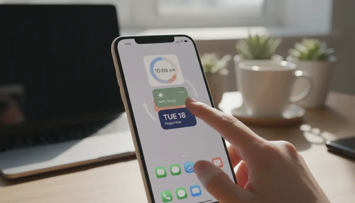 A user's hand interacting with an iPhone home screen, demonstrating a widget stack rotating through various aesthetic widgets, with a blurred background showing a modern workspace., high-quality photography, professional lighting, sharp focus, realistic, detailed