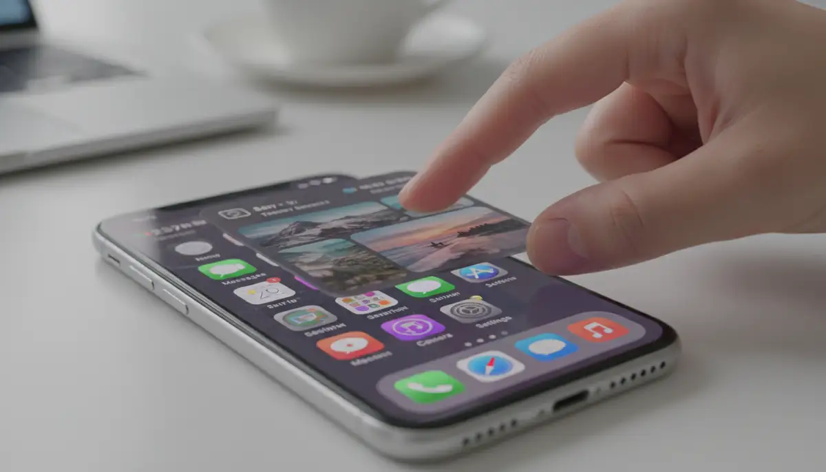 A user's hand interacting with an iPhone screen, dragging and dropping a photo widget to rearrange its position, with other app icons visible., high-quality photography, professional lighting, sharp focus, realistic, detailed