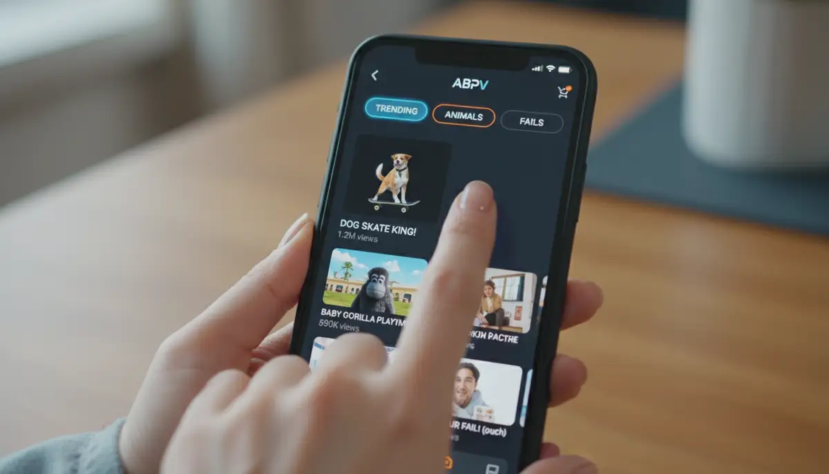 A user's hand scrolling through a feed on the ABPV app, showcasing different categories like 'trending,' 'animals,' and 'fails,' with clear, engaging UI elements., high-quality photography, professional lighting, sharp focus, realistic, detailed