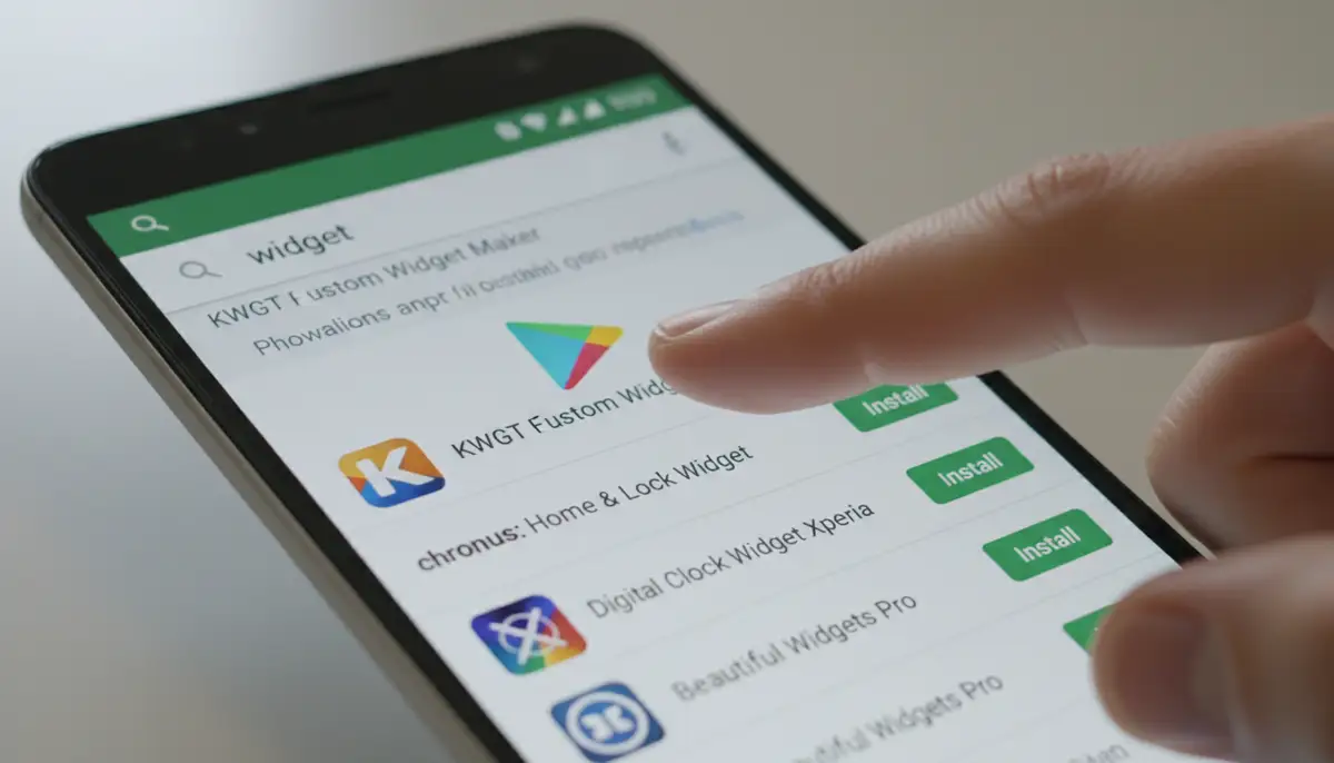 A user's hand tapping on the Google Play Store icon, with a search bar showing 'widget' and various widget app results appearing below, illustrating the process to download widget android., high-quality photography, professional lighting, sharp focus, realistic, detailed