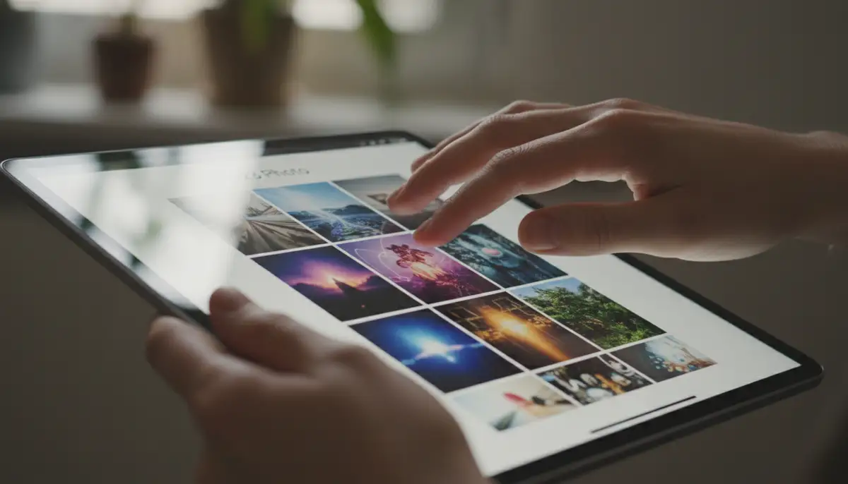 A user's hands expertly navigating the intuitive interface of the 123 photo app on a tablet, with vibrant, edited photos displayed., high-quality photography, professional lighting, sharp focus, realistic, detailed