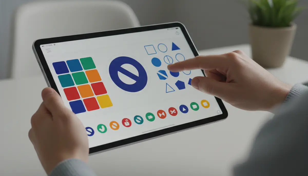 A user's hands interacting with a design interface on a tablet, creating custom app icon themes with various color and shape options., high-quality photography, professional lighting, sharp focus, realistic, detailed