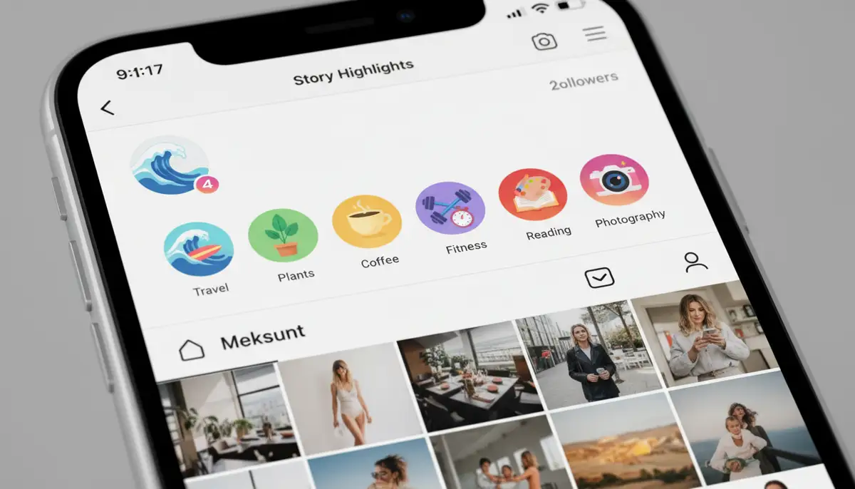A user's Instagram profile screen, clearly showing several vibrant and well-organized story highlights at the top, with custom icons., high-quality photography, professional lighting, sharp focus, realistic, detailed