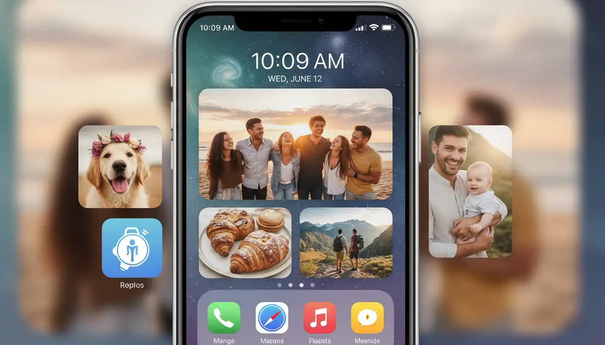 A user's iPhone home screen showcasing multiple photo widgets of different sizes and cherished memories, vibrant and aesthetically pleasing., high-quality photography, professional lighting, sharp focus, realistic, detailed