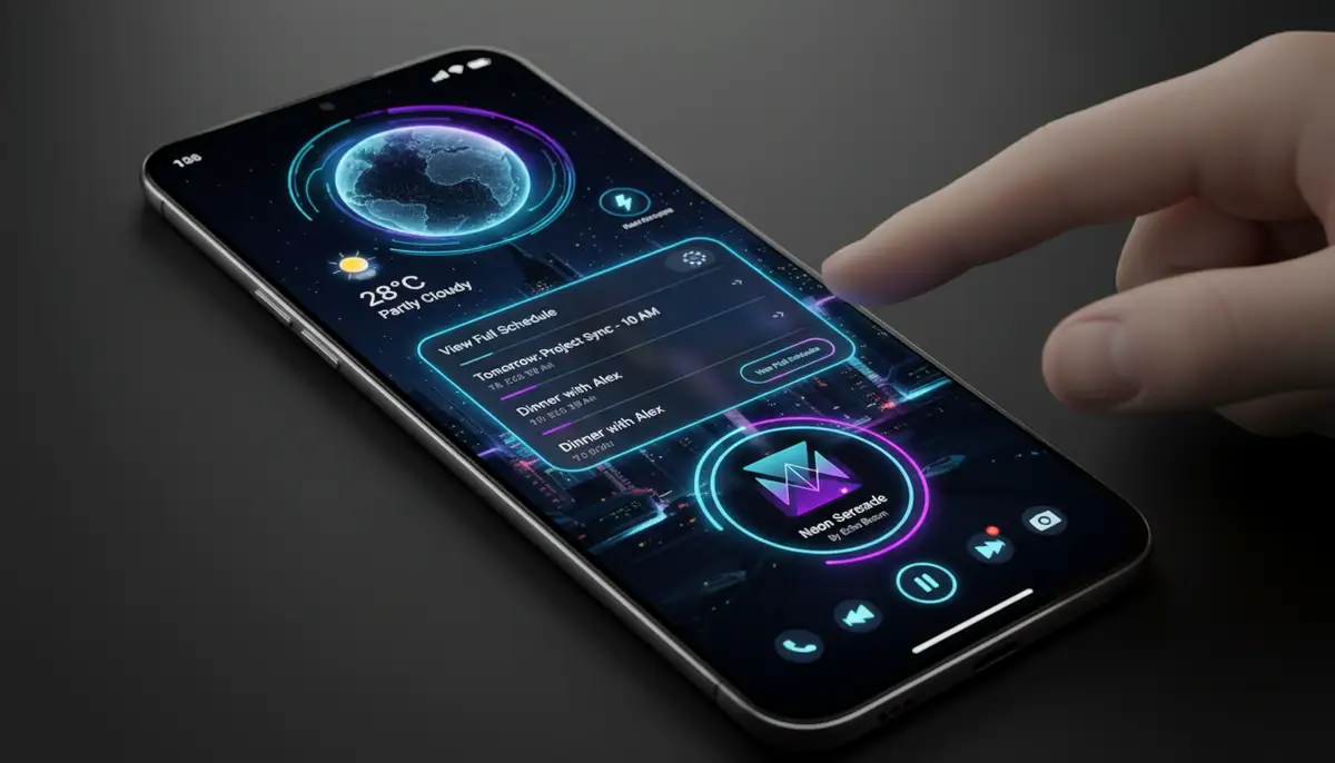 A user's smartphone home screen with highly customized, interactive widgets for weather, calendar, and music, showcasing a sleek, futuristic design., high-quality photography, professional lighting, sharp focus, realistic, detailed