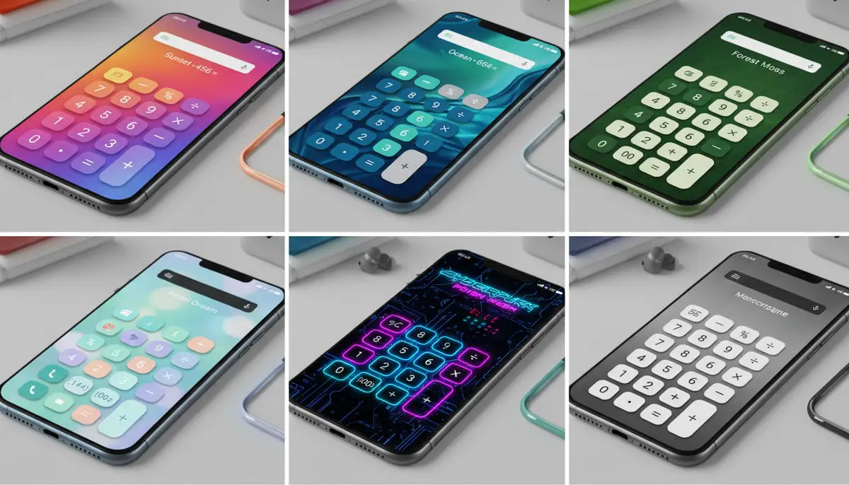 A variety of colorful and customizable calculator widgets displayed on different Android home screens, showcasing diverse themes and layouts, vibrant and clean design., high-quality photography, professional lighting, sharp focus, realistic, detailed