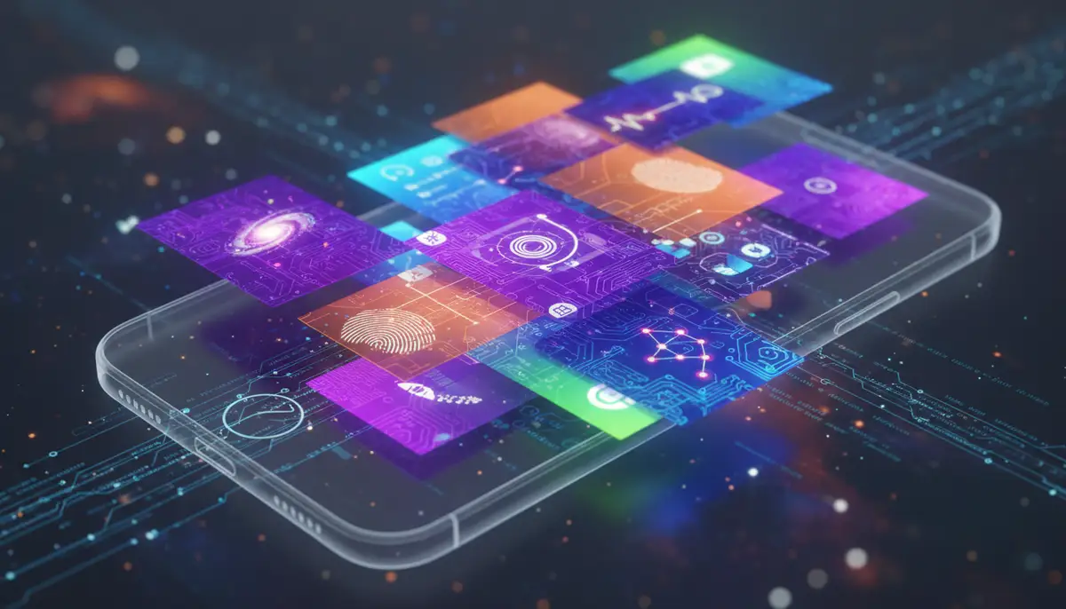 A vibrant, abstract digital art piece representing the concept of customization and personalization on mobile devices, with interconnected widget-like shapes., high-quality photography, professional lighting, sharp focus, realistic, detailed