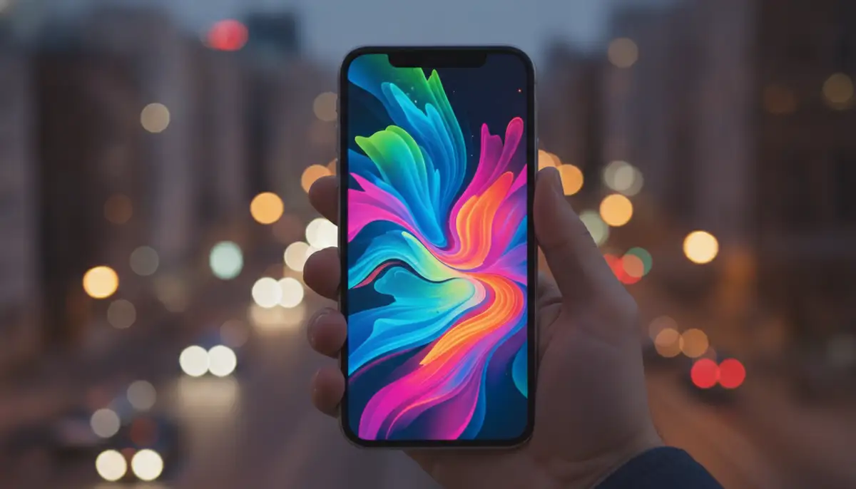 A vibrant, abstract wallpaper with flowing neon colors on an iPhone screen, held in a hand against a blurred urban background., high-quality photography, professional lighting, sharp focus, realistic, detailed