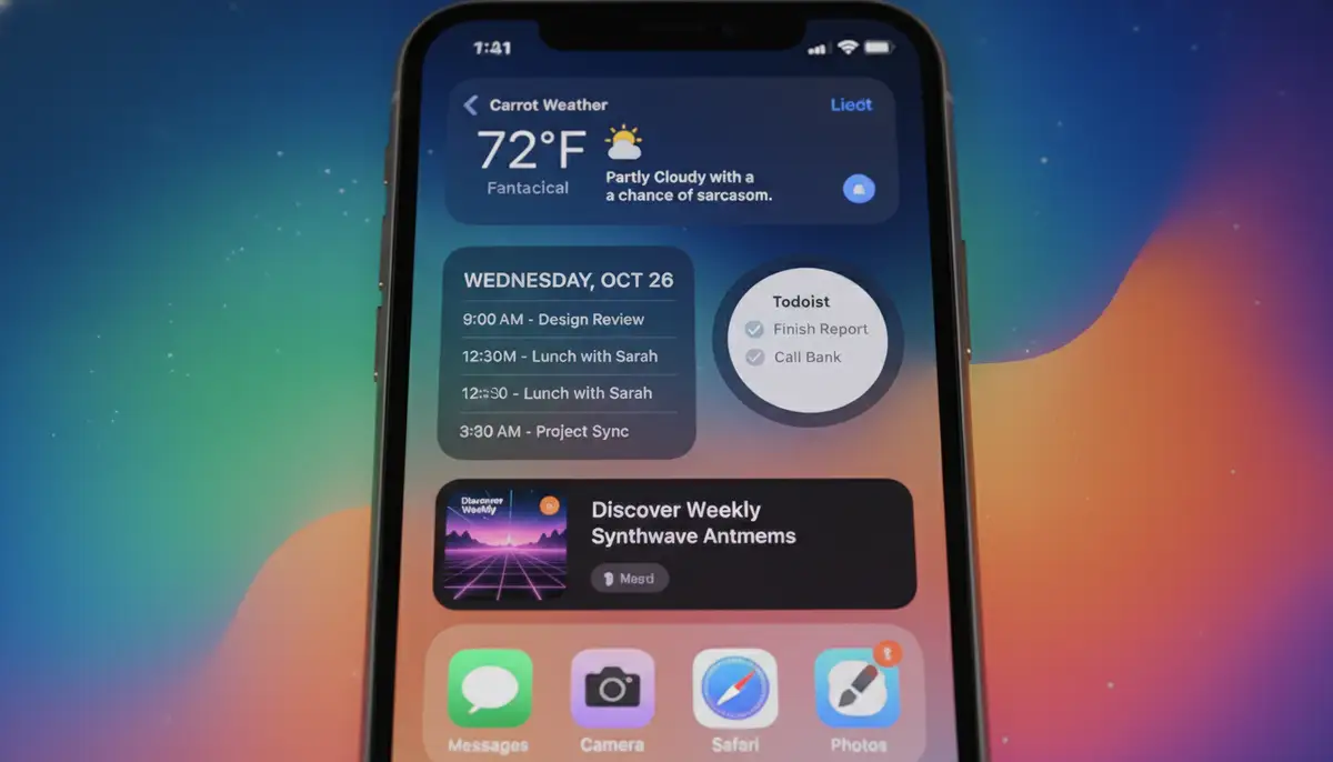 A vibrant and organized iPhone Home Screen displaying a variety of third-party widgets (e.g., weather, calendar, to-do list) from different apps, demonstrating enhanced personalization., high-quality photography, professional lighting, sharp focus, realistic, detailed