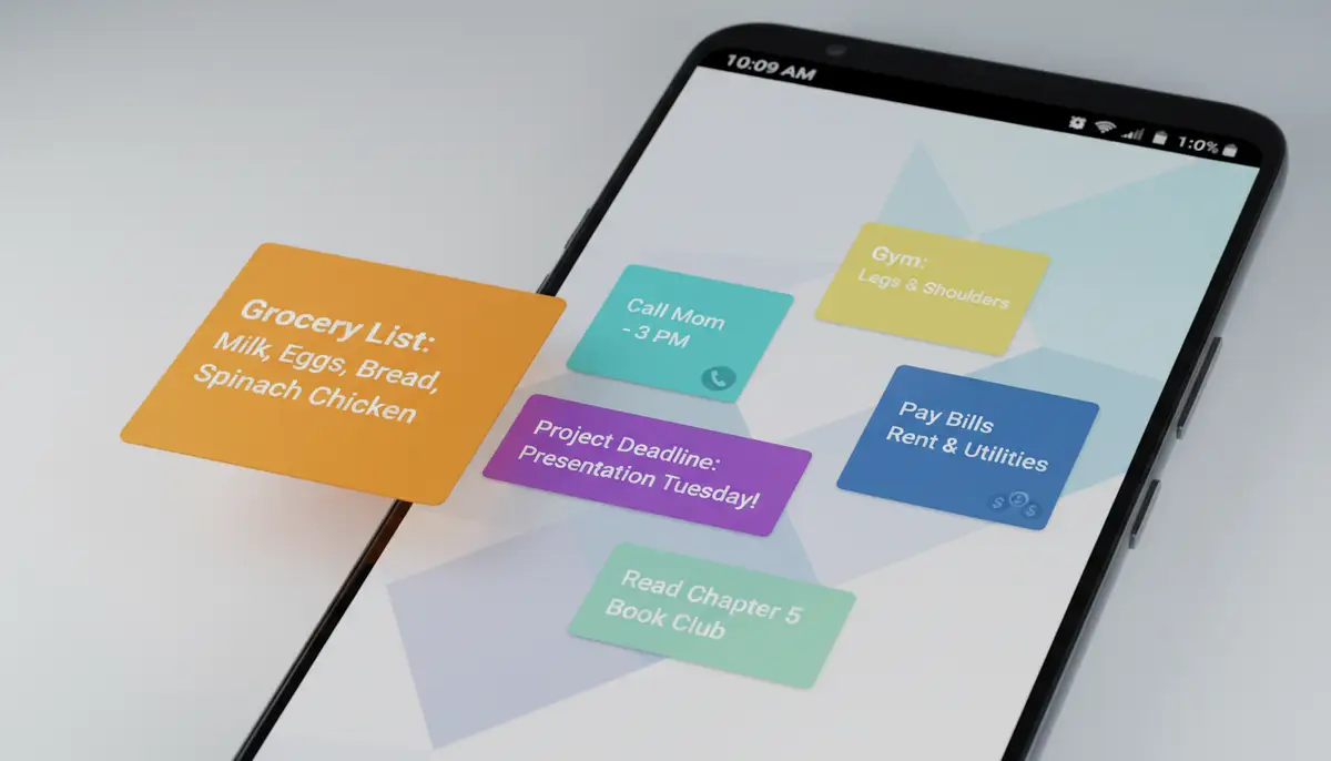 A vibrant Android home screen displaying multiple colorful notes widgets, each with different tasks or reminders, set against a modern, minimalist background., high-quality photography, professional lighting, sharp focus, realistic, detailed