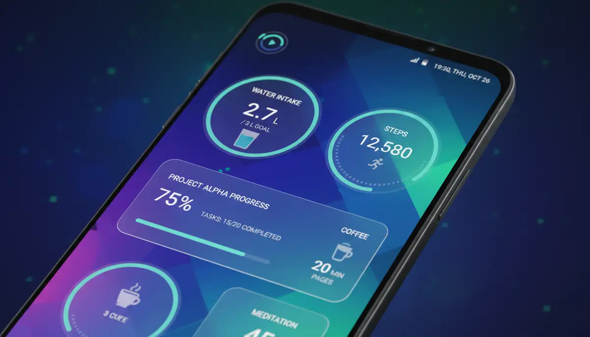 A vibrant Android home screen displaying multiple counter widgets tracking different activities like water intake, steps, and project progress, with a futuristic, clean design., high-quality photography, professional lighting, sharp focus, realistic, detailed
