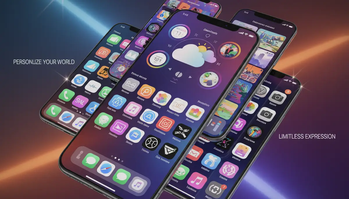 A vibrant collage of different widget designs and app icons, highlighting the aesthetic customization possibilities on an iPhone., high-quality photography, professional lighting, sharp focus, realistic, detailed