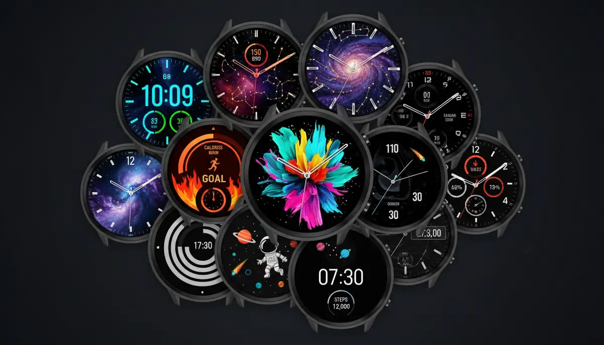 A vibrant collage of diverse Galaxy Watch 8 watch faces, showcasing a mix of digital, analog, fitness, and artistic designs, all brightly lit on a dark background., high-quality photography, professional lighting, sharp focus, realistic, detailed