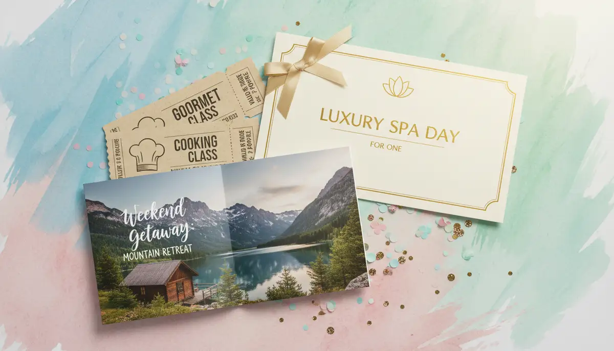A vibrant collage of various experience gifts for a mom: a spa day voucher, cooking class tickets, and a weekend getaway brochure., high-quality photography, professional lighting, sharp focus, realistic, detailed
