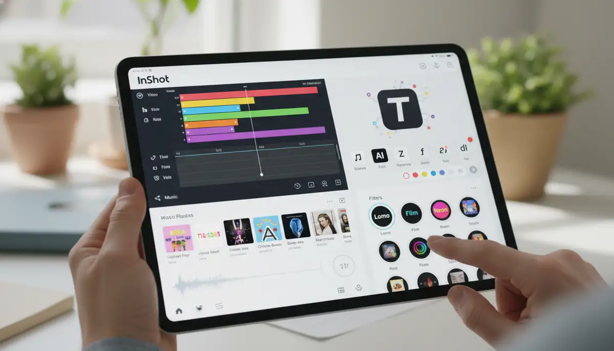 A vibrant collage of various InShot video editing app features: a timeline, music library, text tool, and filter options, all displayed on a tablet screen, suggesting ease of use and comprehensive tools., high-quality photography, professional lighting, sharp focus, realistic, detailed