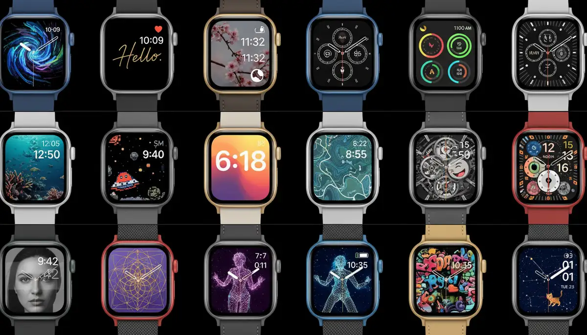 A vibrant collage or grid of diverse and creative Apple Watch faces, showcasing the vast customization options available to users., high-quality photography, professional lighting, sharp focus, realistic, detailed