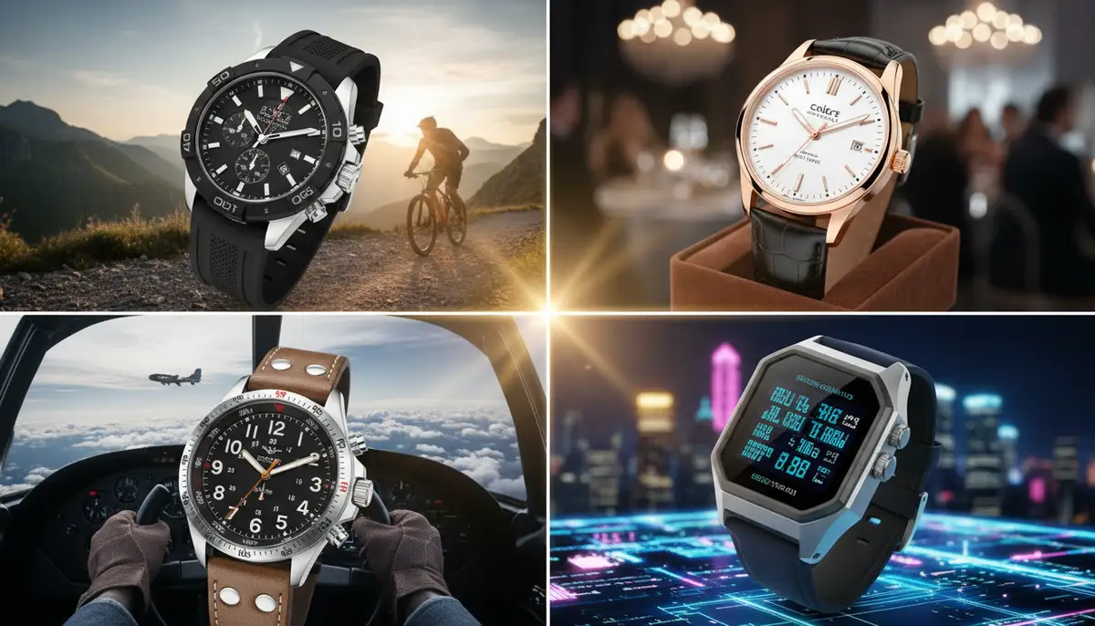 A vibrant collage showing different watch types (sport, dress, pilot, digital) with diverse backgrounds, representing personal style and versatility., high-quality photography, professional lighting, sharp focus, realistic, detailed