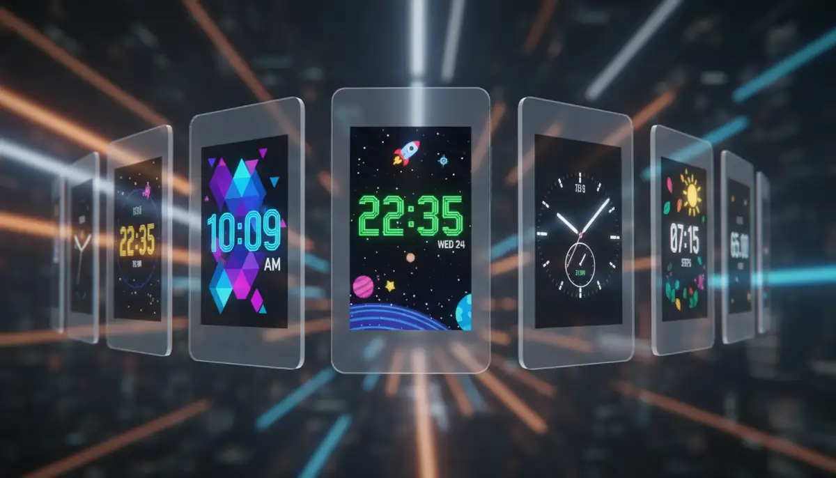 A vibrant collection of diverse Fitbit watch faces displayed on multiple virtual screens, showcasing various time displays., high-quality photography, professional lighting, sharp focus, realistic, detailed