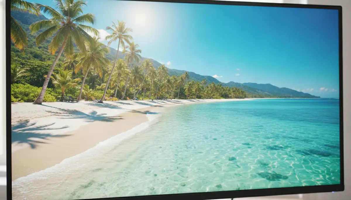 A vibrant desktop screen displaying a high-resolution summer beach scene with palm trees and clear blue water, sun shining brightly., high-quality photography, professional lighting, sharp focus, realistic, detailed