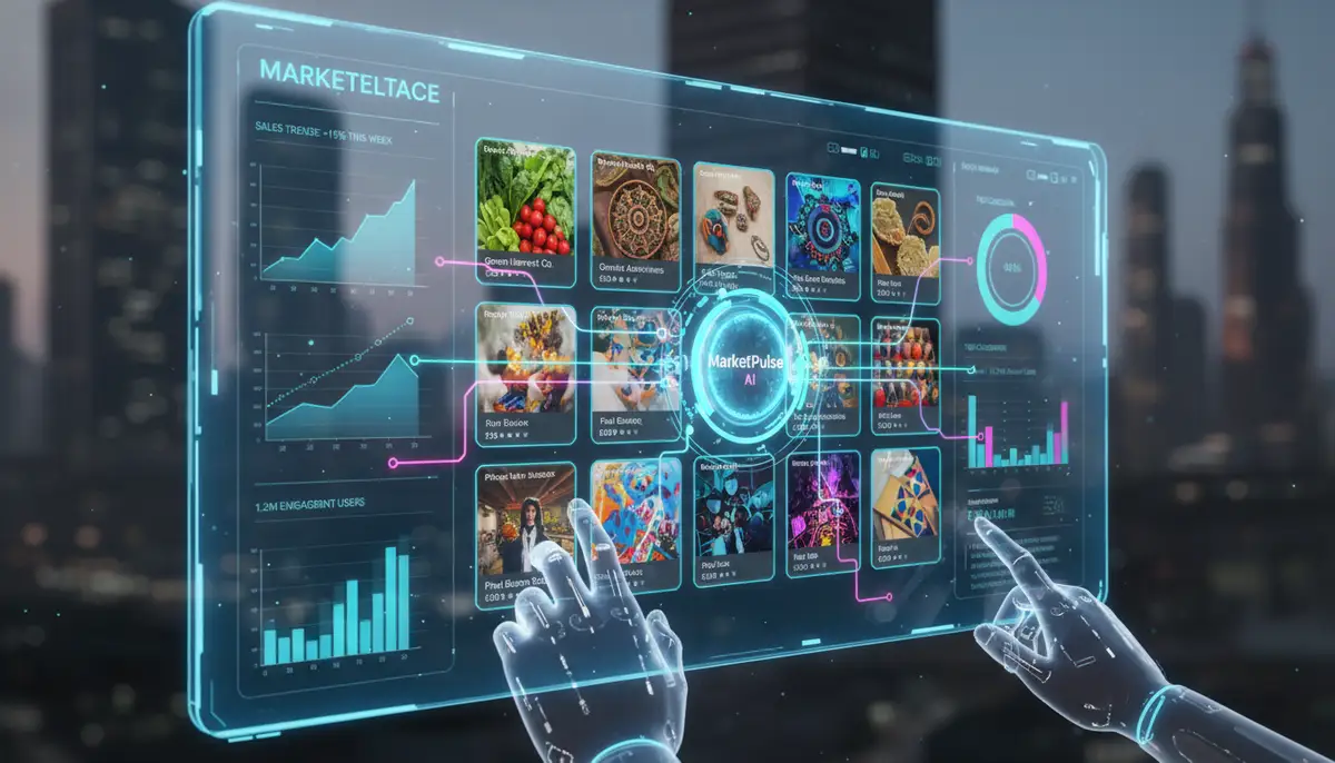 A vibrant digital marketplace interface showing multiple vendors and products, with data analytics overlays.