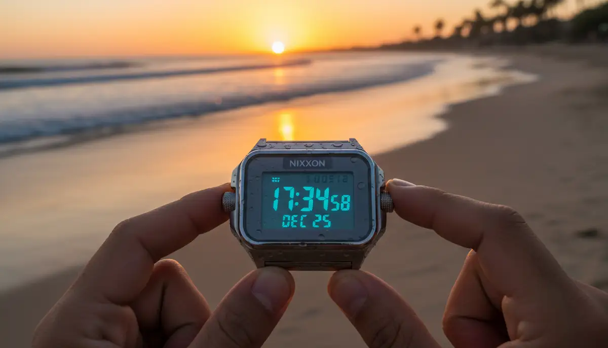 A vibrant, dynamic shot of a Nixon digital watch display showing time and date, with fingers pressing the adjustment buttons against a backdrop of a surf beach at sunset., high-quality photography, professional lighting, sharp focus, realistic, detailed