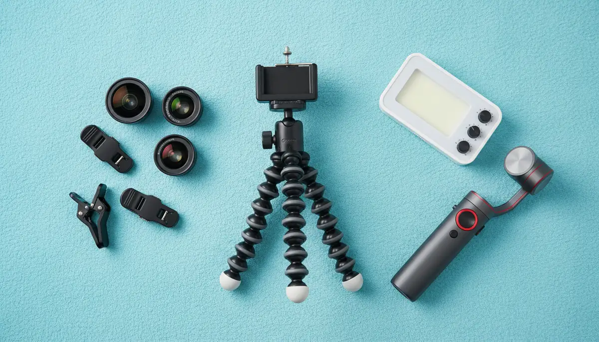 A vibrant flat lay of various Android camera accessories: a small tripod, external lens clips, a portable LED light, and a smartphone gimbal., high-quality photography, professional lighting, sharp focus, realistic, detailed