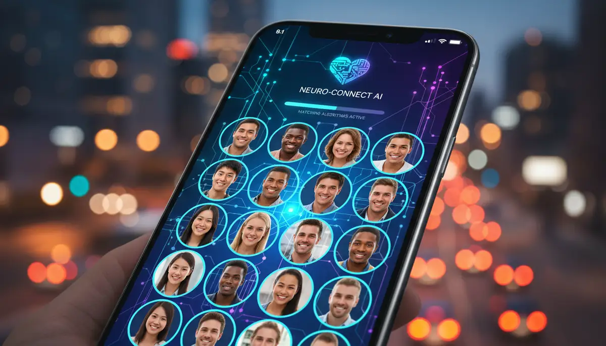 A vibrant, futuristic interface of an AI dating app on a smartphone screen, with diverse smiling faces and connecting lines, against a soft-focus background of city lights., high-quality photography, professional lighting, sharp focus, realistic, detailed