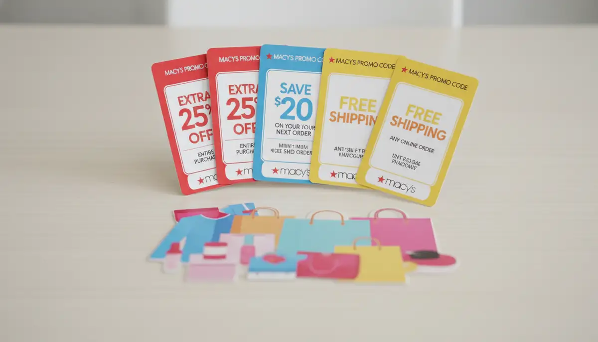 A vibrant graphic illustrating various types of Macy's promo code coupons, such as percentage off, dollar amount off, and free shipping, with shopping items in the background., high-quality photography, professional lighting, sharp focus, realistic, detailed
