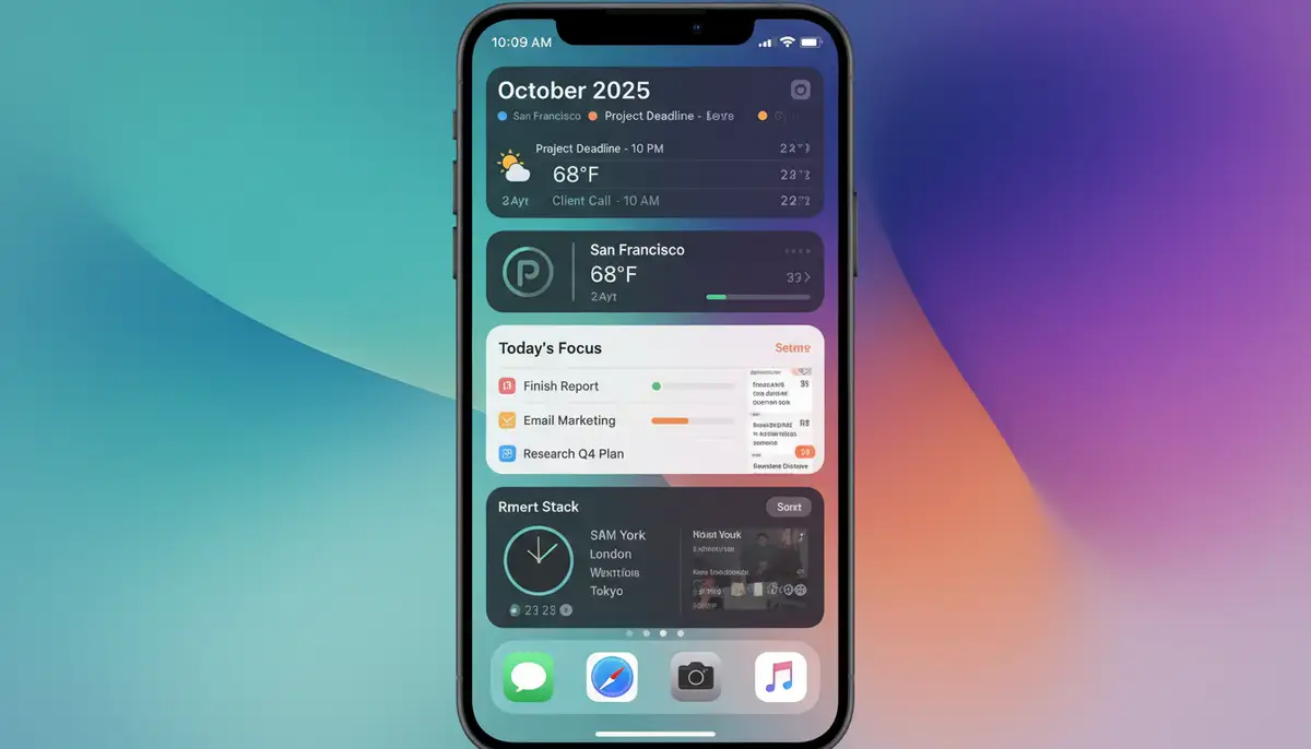 A vibrant, highly organized iPhone home screen in 2025, showcasing a mix of small, medium, and large widgets for productivity, weather, and calendar, with a clean, modern wallpaper., high-quality photography, professional lighting, sharp focus, realistic, detailed