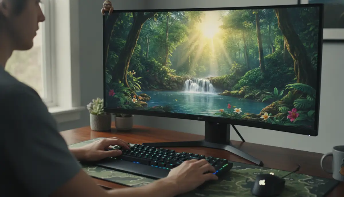 A vibrant, high-resolution desktop screen displaying a beautiful nature scene, with a person's hands lightly touching the keyboard, indicating personalization., high-quality photography, professional lighting, sharp focus, realistic, detailed