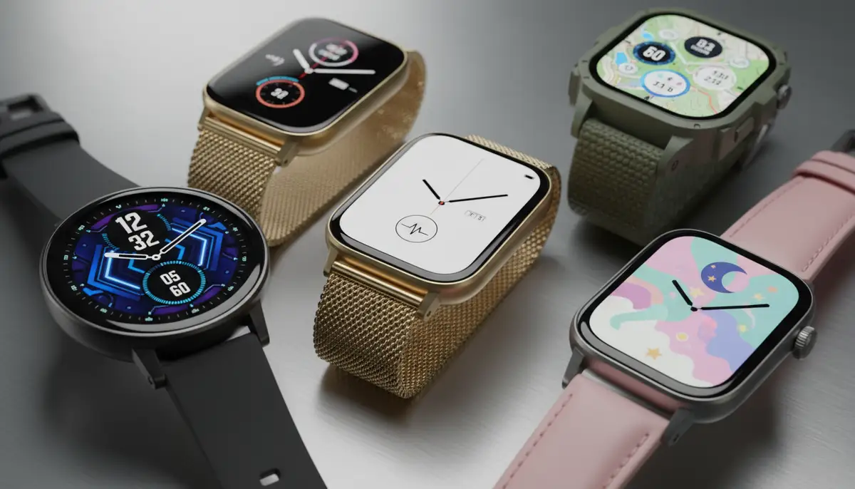 A vibrant, high-resolution image of various digital watch faces displayed on different smartwatches, emphasizing customization and modern technology., high-quality photography, professional lighting, sharp focus, realistic, detailed