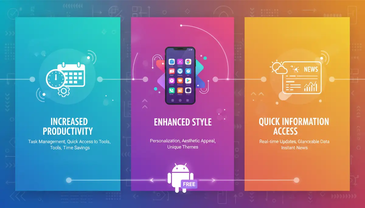 A vibrant infographic showing the benefits of using free Android widgets, such as increased productivity, enhanced style, and quick information access., high-quality photography, professional lighting, sharp focus, realistic, detailed