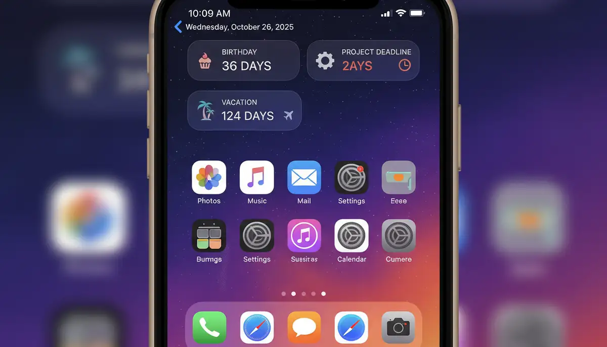 A vibrant iPhone Home Screen in 2025 displaying multiple countdown widgets for different events like a birthday, a vacation, and a project deadline, with a sleek, modern design., high-quality photography, professional lighting, sharp focus, realistic, detailed