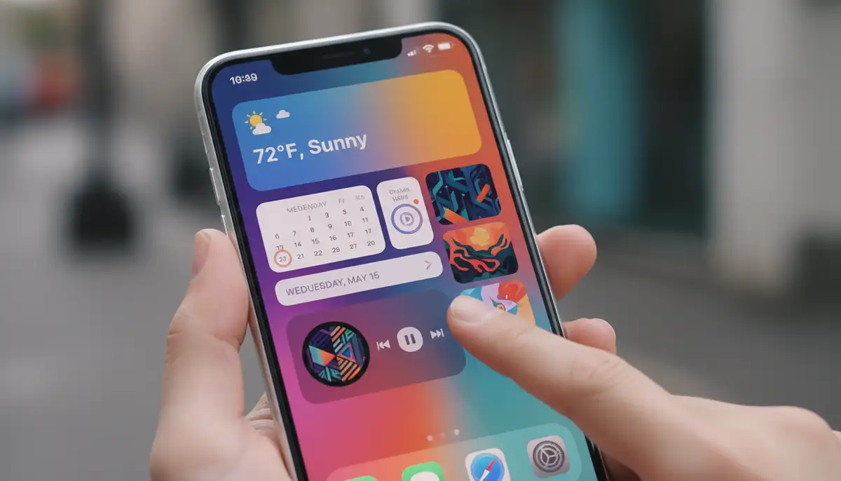 A vibrant iPhone home screen showcasing a variety of colorful and functional widgets, including weather, calendar, and custom photo widgets, with a hand interacting with them., high-quality photography, professional lighting, sharp focus, realistic, detailed