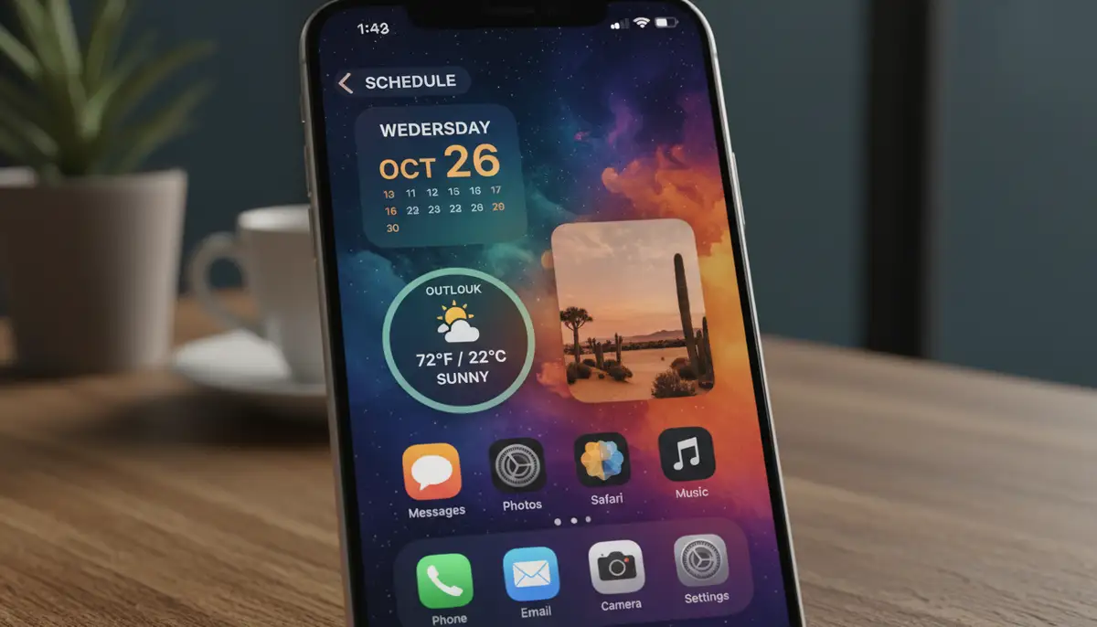 A vibrant iPhone Home Screen showcasing a variety of custom-designed widgets, including a calendar, weather, and photo widget, all in a cohesive aesthetic., high-quality photography, professional lighting, sharp focus, realistic, detailed
