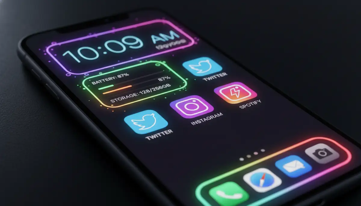 A vibrant iPhone home screen with neon-themed widgets, including a glowing digital clock, a system info display, and custom app icons, set against a dark background., high-quality photography, professional lighting, sharp focus, realistic, detailed