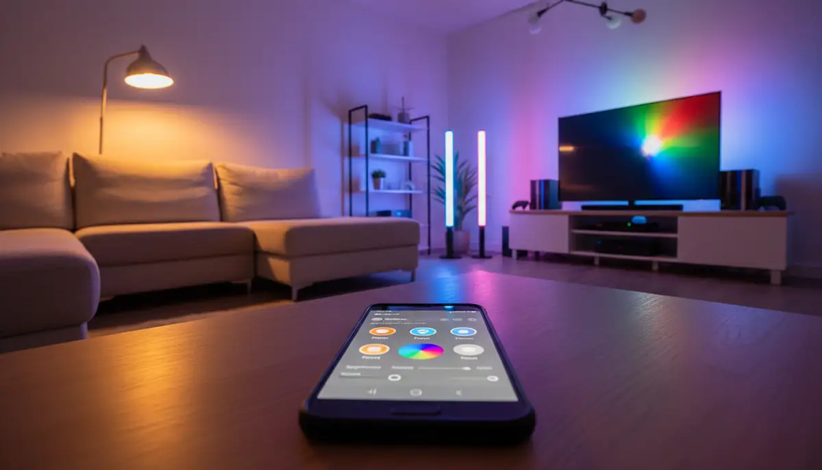 A vibrant living room scene with Philips Hue lights creating different ambiances (e.g., warm, cool, colorful), with an Android phone in the foreground showcasing a customized Hue widget controlling the scene., high-quality photography, professional lighting, sharp focus, realistic, detailed