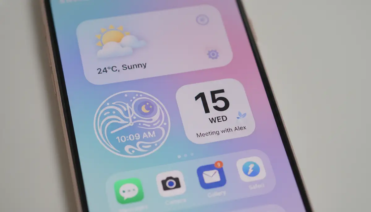 A vibrant, minimalist phone home screen showcasing various aesthetic widget images for weather, clock, and calendar, with a subtle pastel background., high-quality photography, professional lighting, sharp focus, realistic, detailed