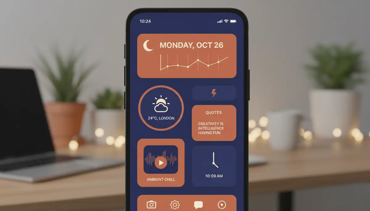 A vibrant, minimalist smartphone home screen featuring a diverse collection of aesthetic widgets, showcasing a cohesive color palette and modern design, with a blurred background of a cozy home office., high-quality photography, professional lighting, sharp focus, realistic, detailed
