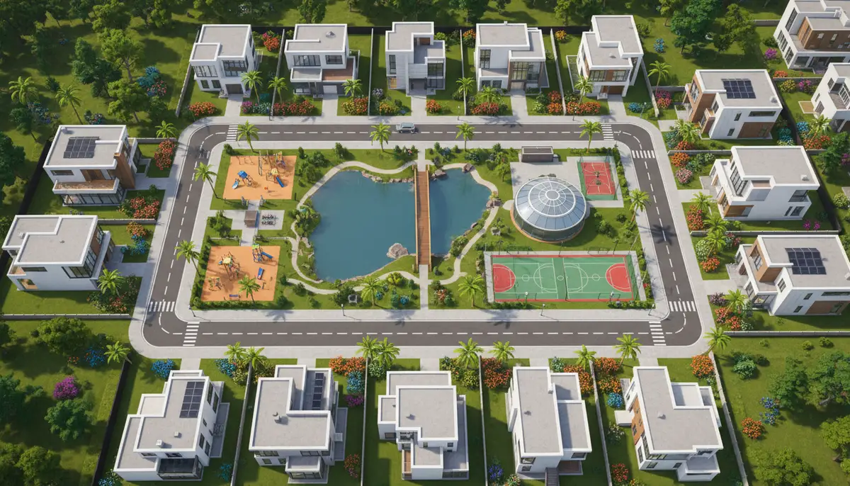 A vibrant, modern Bloxburg neighborhood with clean lines, lush landscaping, and a community park, seen from an aerial view., high-quality photography, professional lighting, sharp focus, realistic, detailed