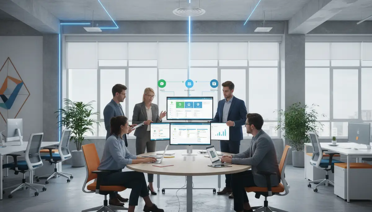 A vibrant, modern office space with a small business team collaborating seamlessly, using various Odoo modules displayed on screens, symbolizing integration and efficiency.