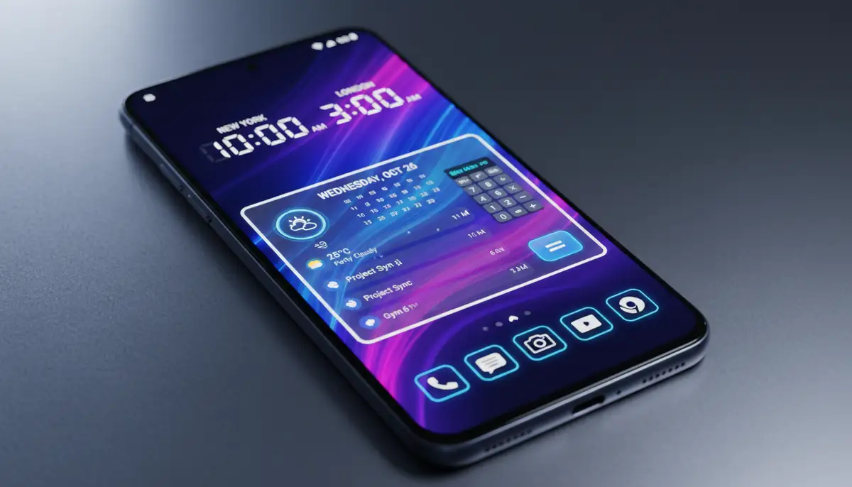 A vibrant, personalized Android home screen featuring a dual clock widget alongside other useful widgets like a calendar, weather, and a calculator widget for android, all in a cohesive aesthetic., high-quality photography, professional lighting, sharp focus, realistic, detailed