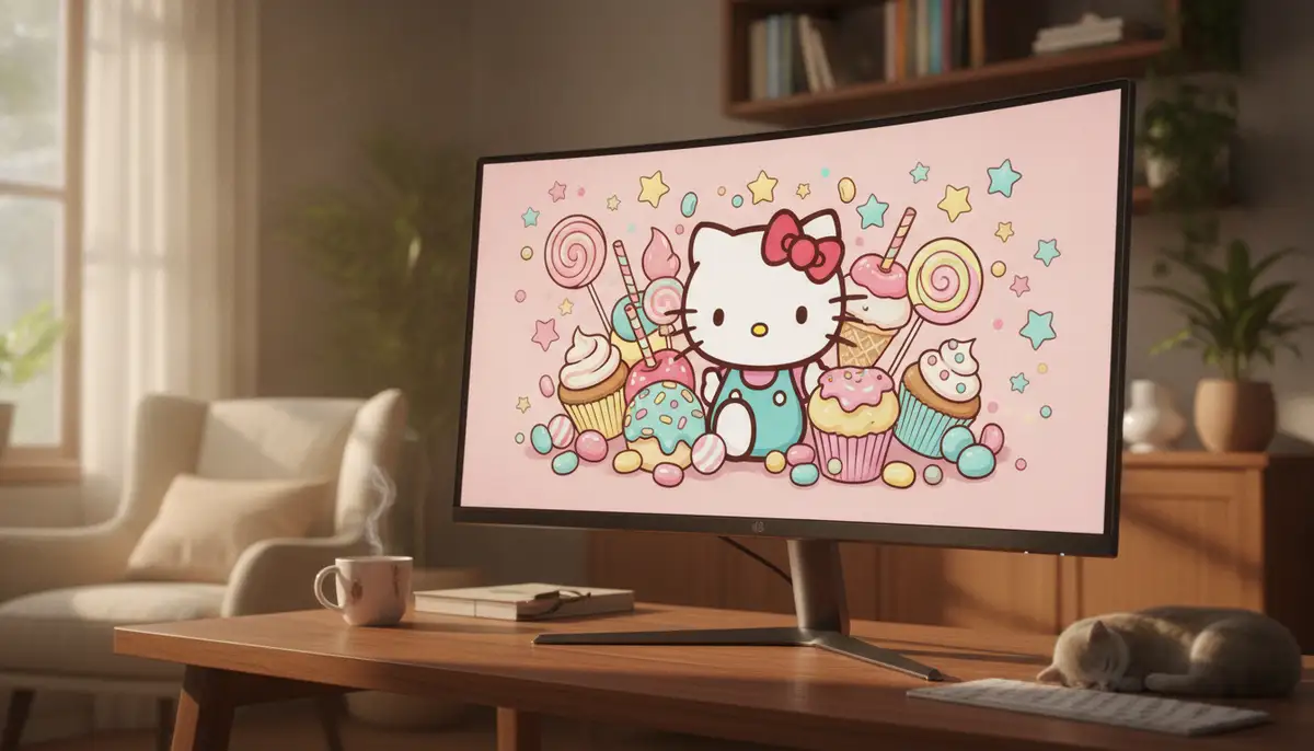 A vibrant, playful Hello Kitty desktop wallpaper featuring Hello Kitty surrounded by sweets and stars, displayed on a modern computer monitor in a cozy room., high-quality photography, professional lighting, sharp focus, realistic, detailed