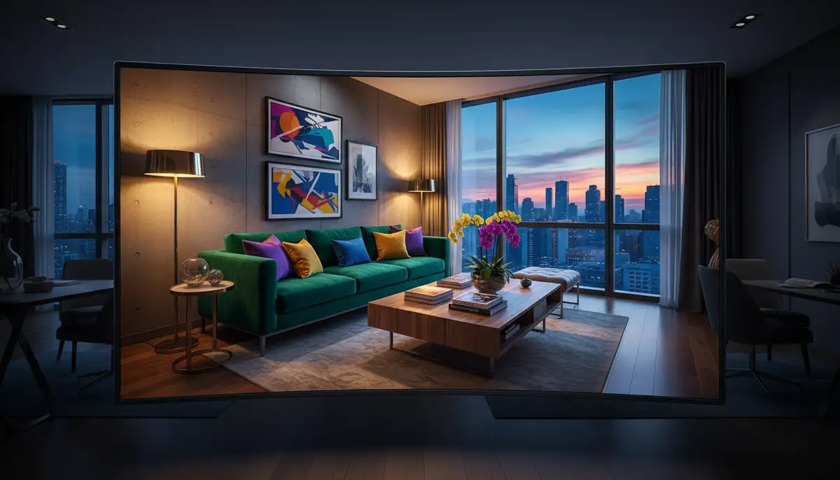 A vibrant, professionally edited interior photograph displayed on a large screen, highlighting stunning color and clarity., high-quality photography, professional lighting, sharp focus, realistic, detailed
