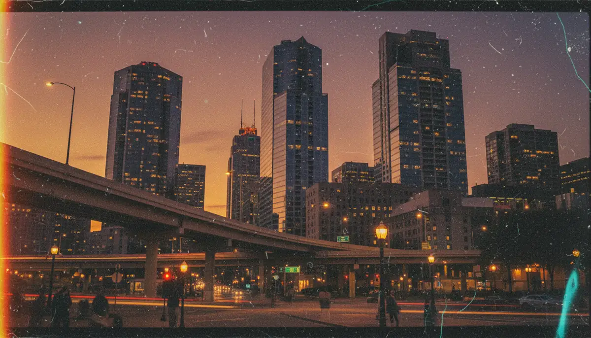 A vibrant, retro-styled photograph showcasing the effects of Afterlight's vintage filters, with light leaks and dust overlays, set against a modern urban background., high-quality photography, professional lighting, sharp focus, realistic, detailed