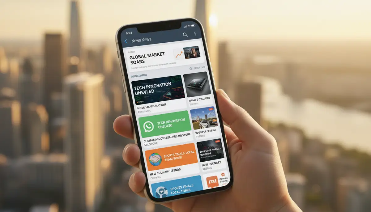 A vibrant smartphone home screen displaying various news app widgets, showing headlines and images, with a blurred city background., high-quality photography, professional lighting, sharp focus, realistic, detailed